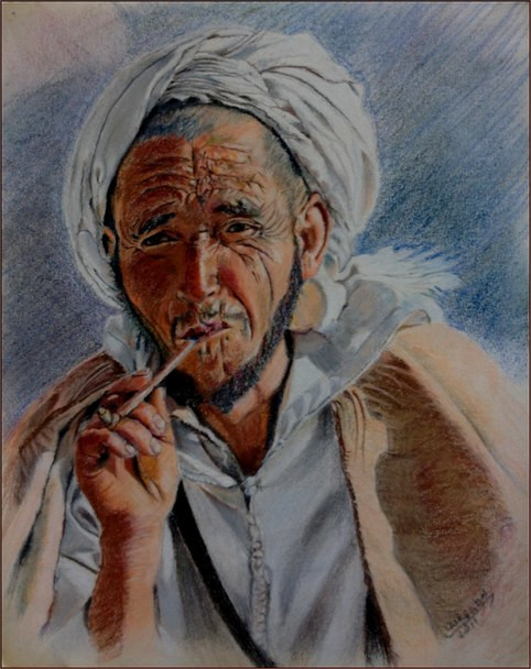 Old man portrait from Morocco, smoking, pastel