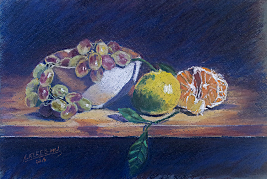 still life painting, grape and tangerines