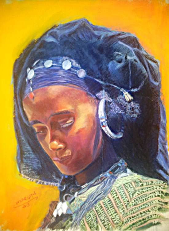 Tuareg woman portrait, traditional jewelry, pastel