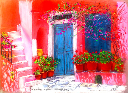 house adorned with potted flowers, bougainvillea, Naxos island, Greece